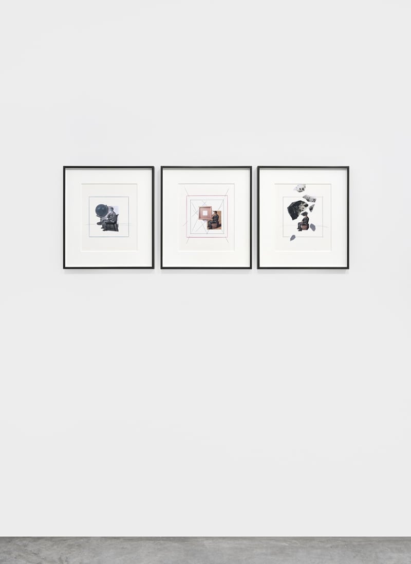 3 framed geometric drawings are hung in a row on a light grey wall.