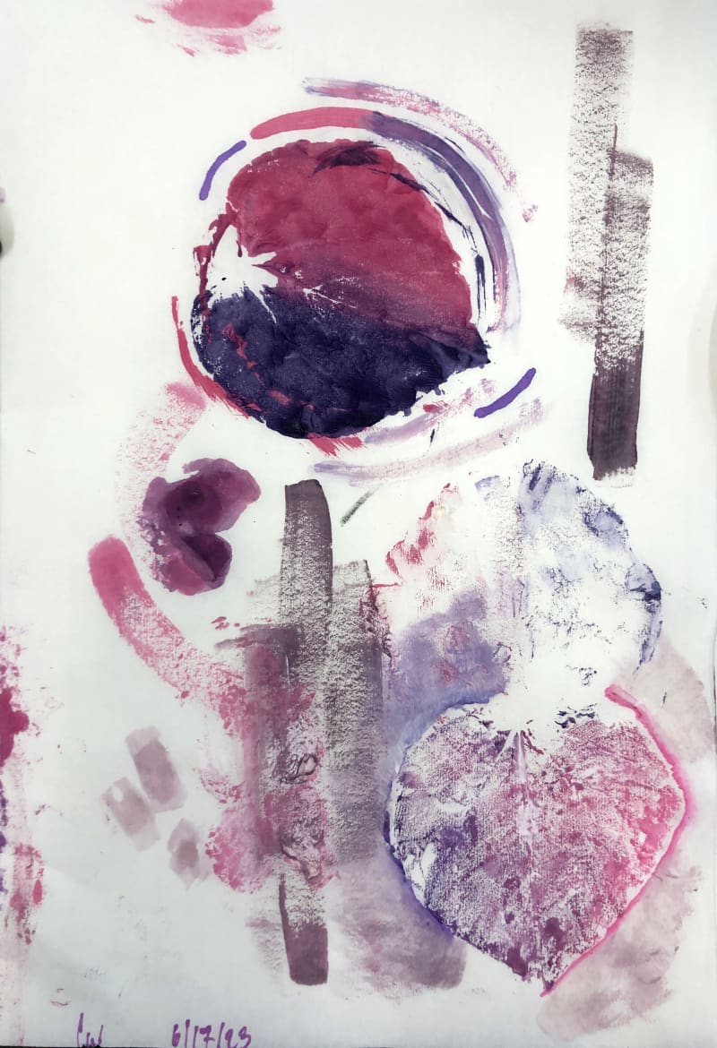 A colorful abstract painting utilizing prints of leaves