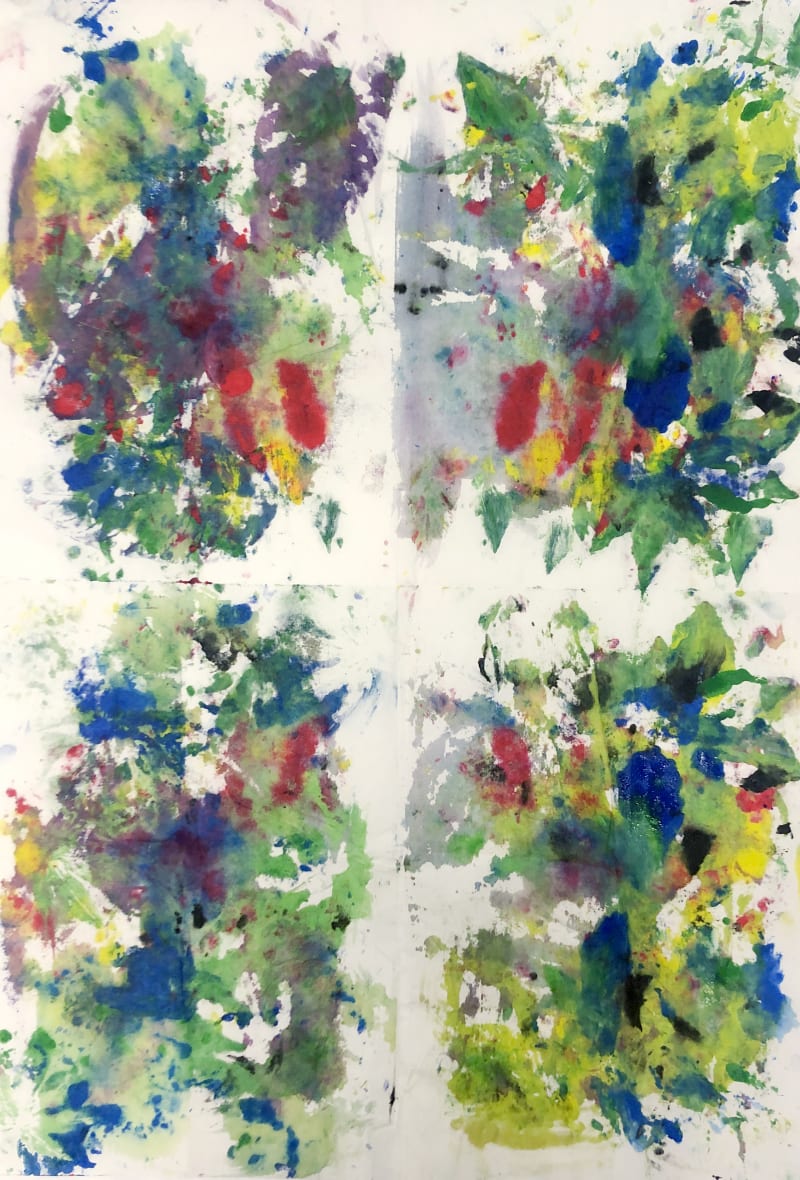 A colorful abstract painting utilizing prints of leaves