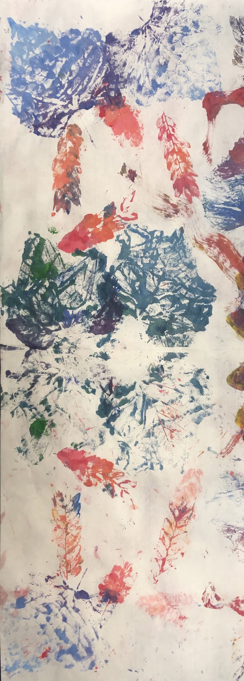 A colorful abstract painting utilizing prints of leaves
