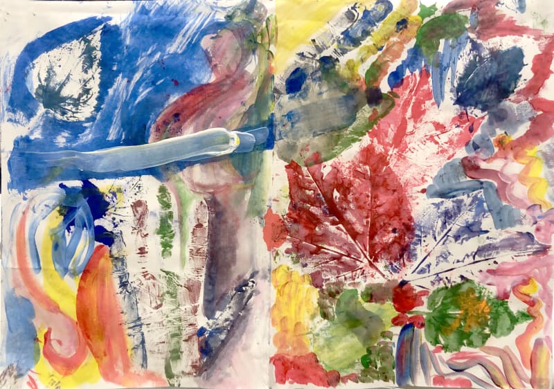 A colorful abstract painting utilizing prints of leaves