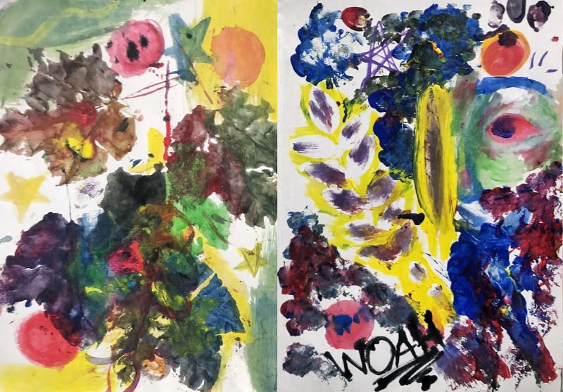 A colorful abstract painting utilizing prints of leaves