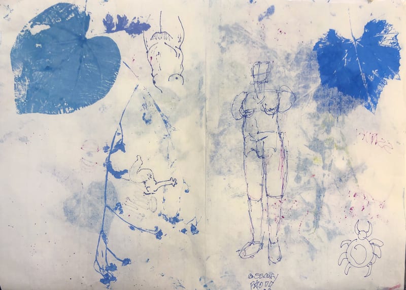 A colorful abstract painting utilizing prints of leaves