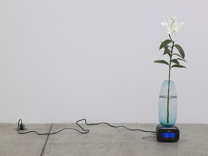 A lily in a vase sits on a clock plugged into the floor. 