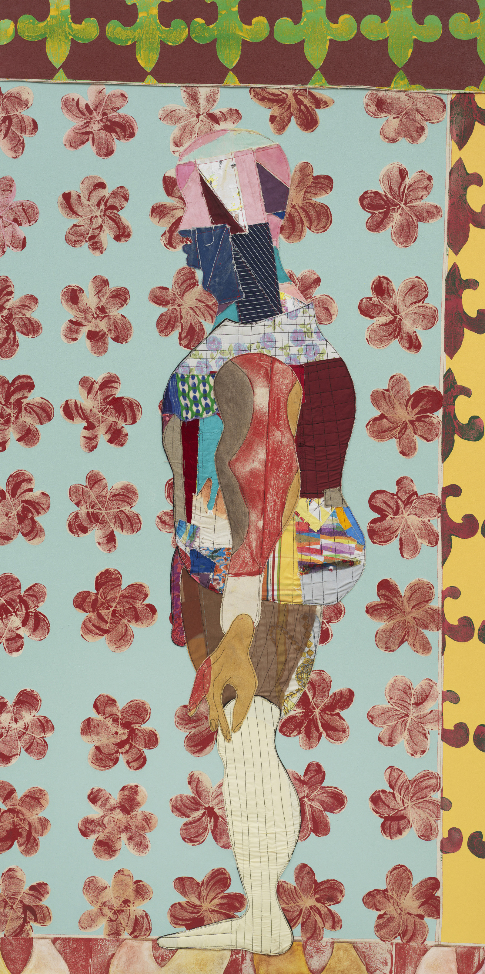 Tschabalala Self Humility2025 Acrylic paint, fabric, thread, coloured pencil, painted canvas on canvas 243.8 x 121.9 x 4.4 cm 96...