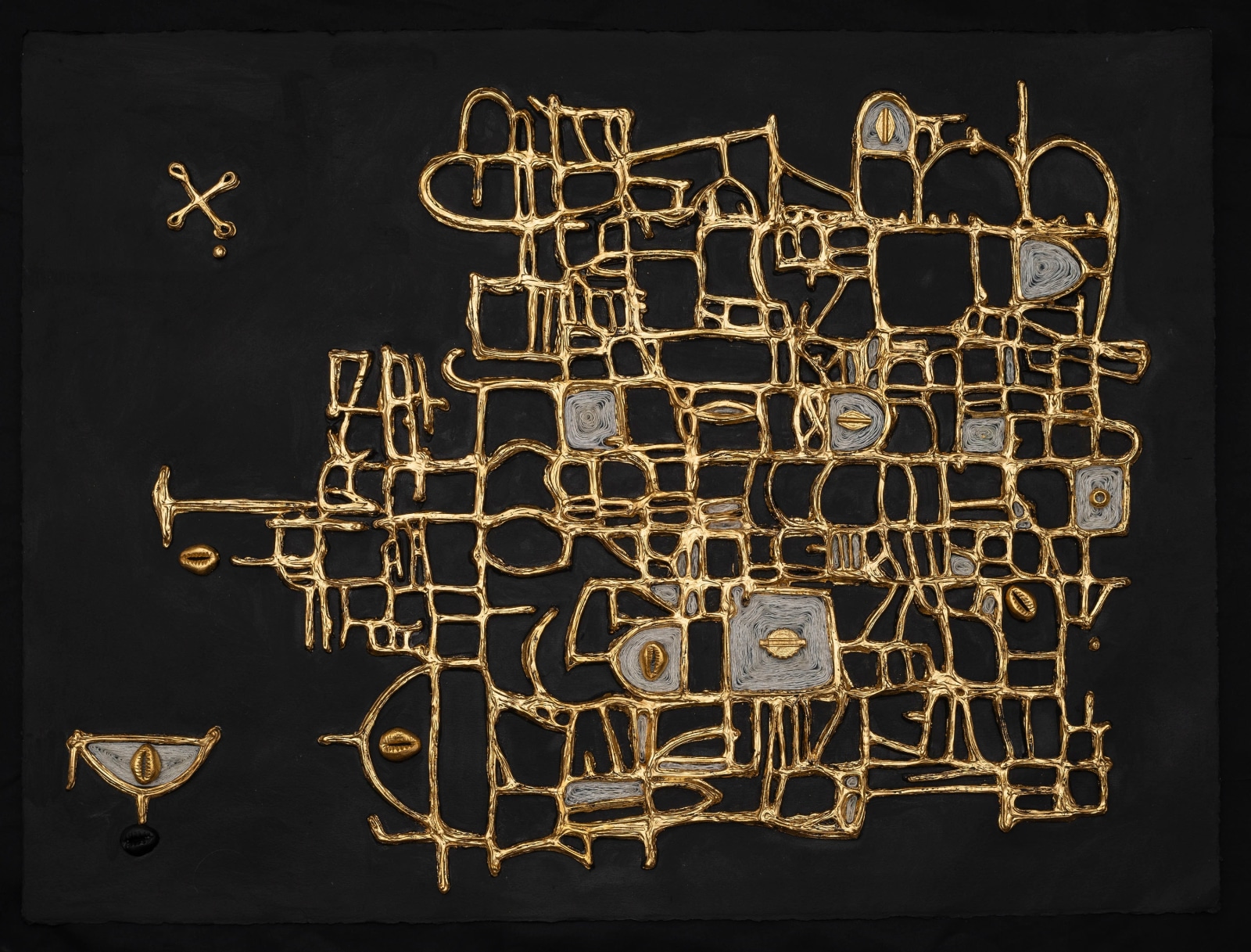 Lina Iris Viktor Metacosmia V2025 24 carat gold, acrylic, gesso, silk, jute, painted bronze beads on paper Unframed: 56 x...