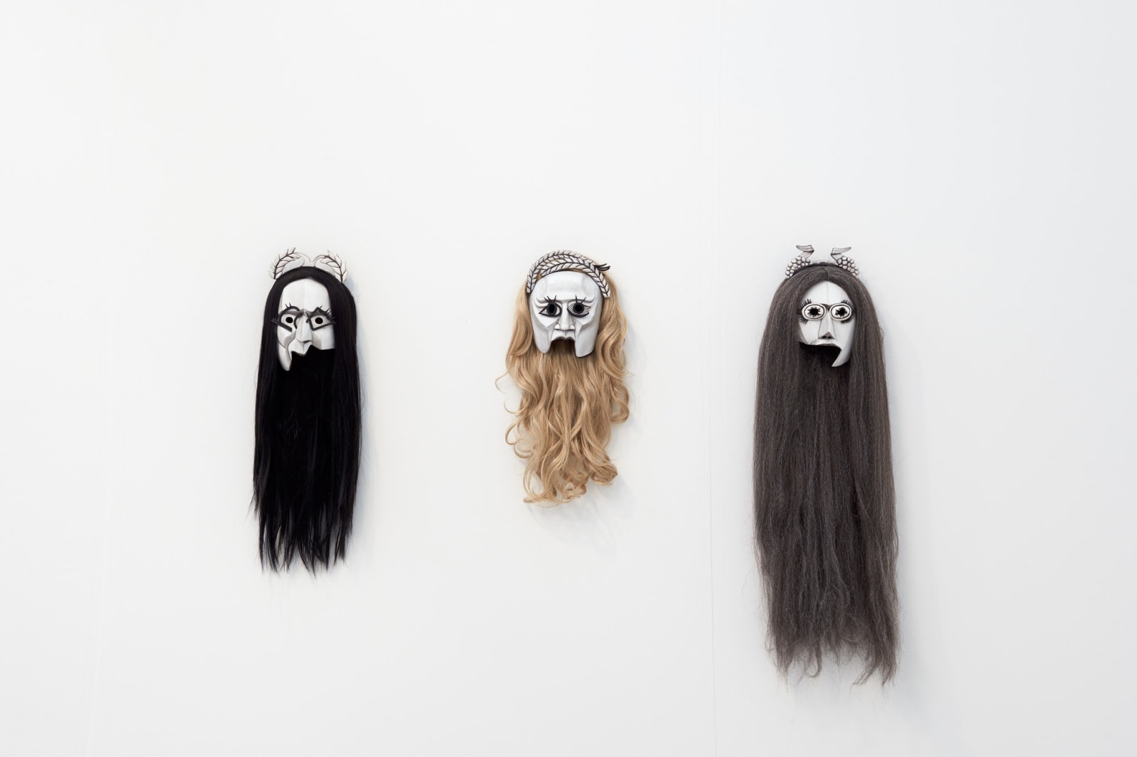 Mary Reid Kelley & Patrick Kelley Masks from Priapus Agonistes2013 Painted Neoprene, synthetic fiber wig Masks: 20.3 x 20.3 x...