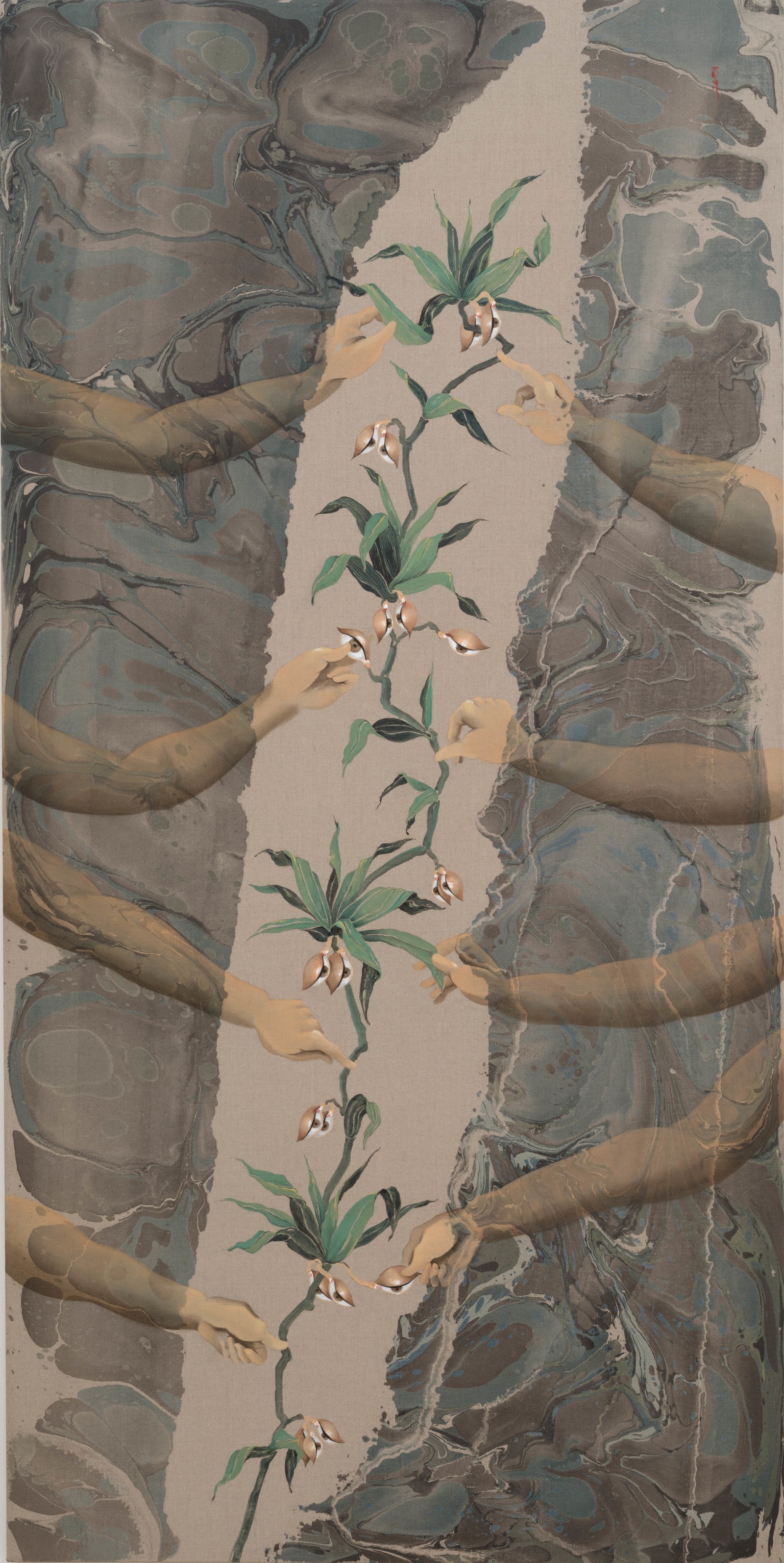 Hayv Kahraman Mourning Flower2024 Oil and acrylic on linen 279.4 x 127 cm 110 x 50 in