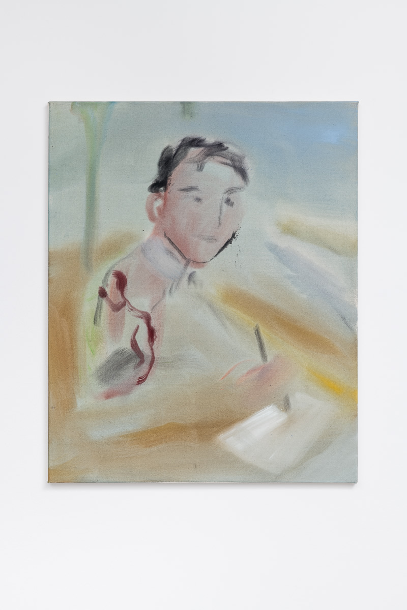 Sophie von Hellermann T.S. Eliot writing 'The Waste Land' on Margate Sands2017 Acrylic on canvas 82 x 66 cm 32...
