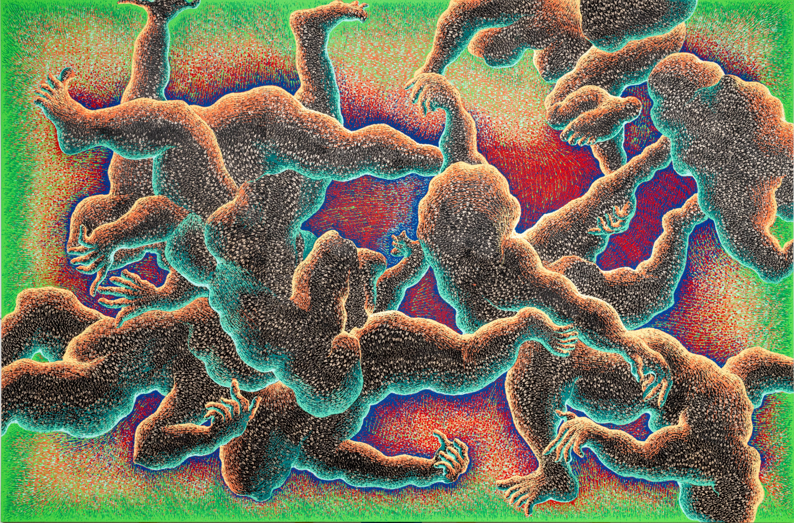 Didier William Joy is Flight2023 Acrylic, oil, ink, wood carving on panel 177.8 x 269.2 cm 70 x 106 in