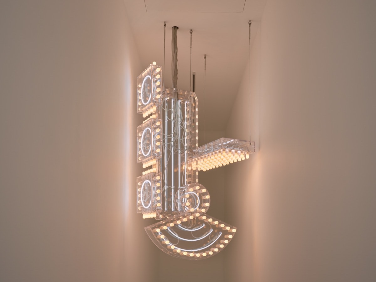 Philippe Parreno Marquee2023 6 Modules in transparent plexiglass, 203 lightbulbs, 12 neons 166.9 x 86.3 x 81.7 cm 65 3/4...