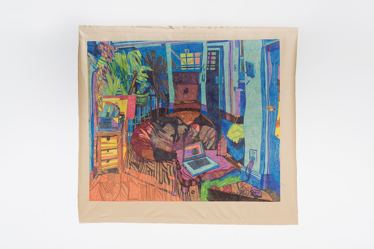 Keren Cytter Living room2016 Markers on vinyl fake leather fabric 141 x 158 cm