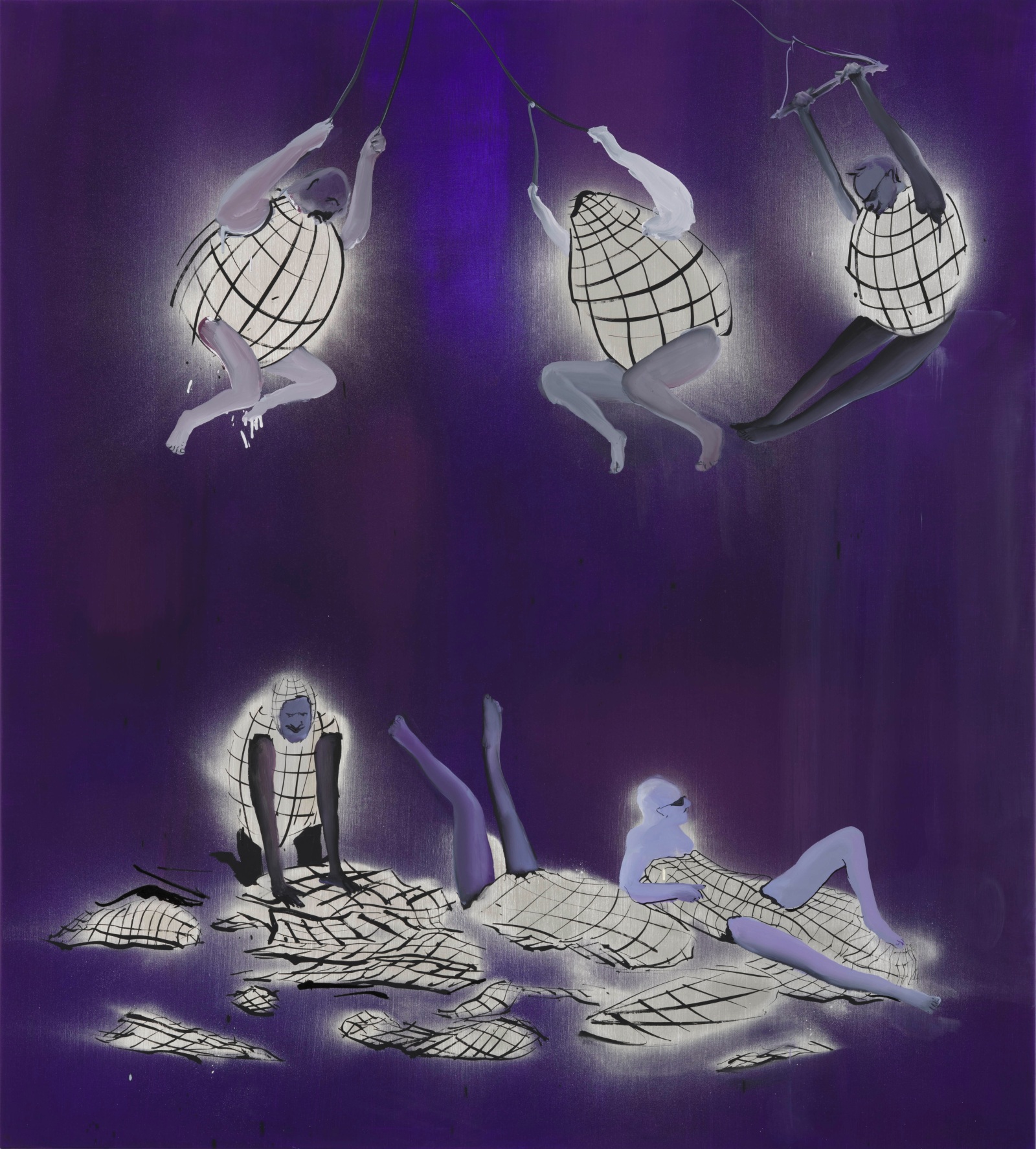 Tala Madani Disco Balls2025 Oil and spray paint on linen 147.3 x 152.4 cm 58 x 60 in