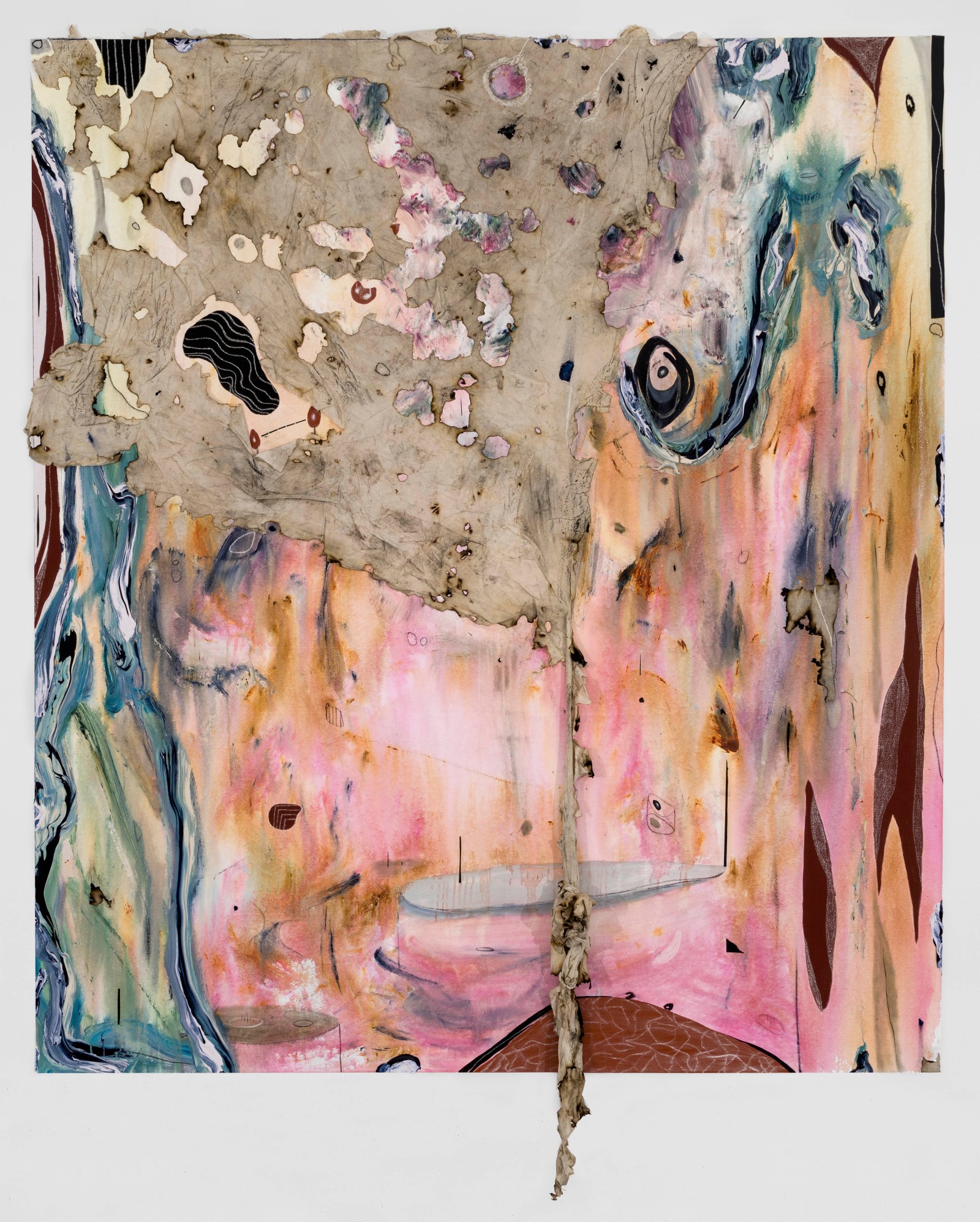 Manuel Mathieu Pendulum2022 Acrylic, chalk, charcoal, oil stick, tape, and cotton fabric 268 x 217.2 cm 105 1/2 x 85...