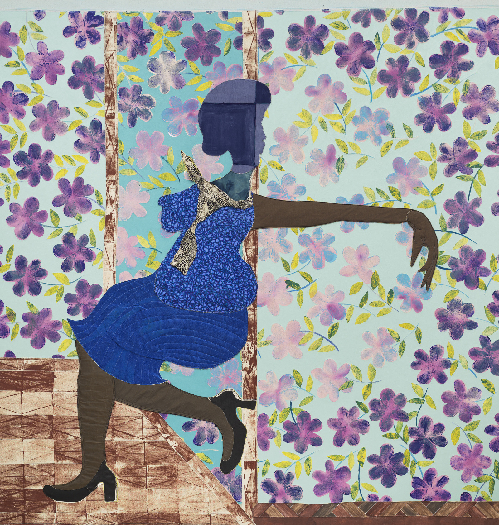 Tschabalala Self Blue Woman2025 Acrylic paint, fabric, thread, coloured pencil, painted canvas on canvas 259.1 x 243.8 x 3.8 cm...