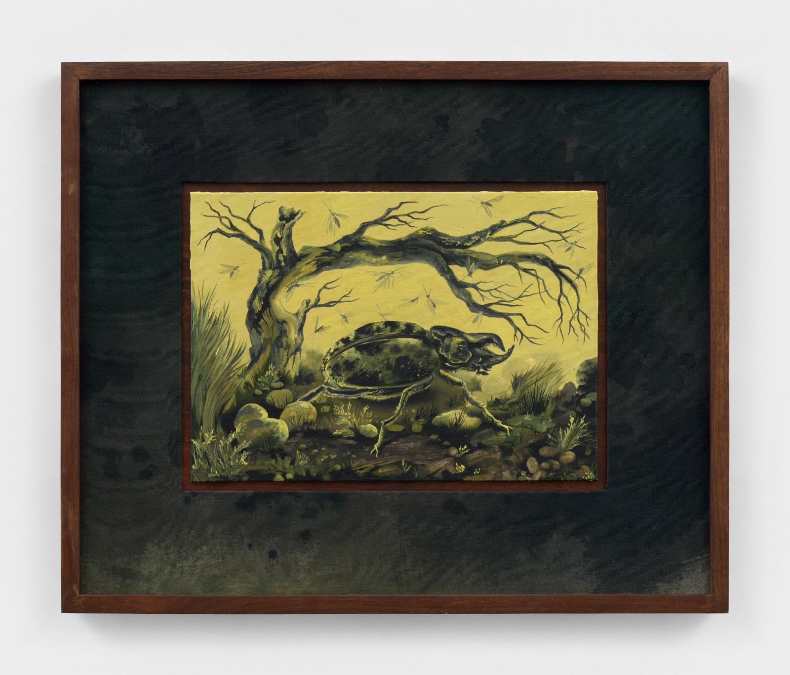 Kat Lyons Season of the Beetle2025 Oil on canvas Custom Frame: Dirt dyed muslin and acrylic paint 47.6 x 57.8...