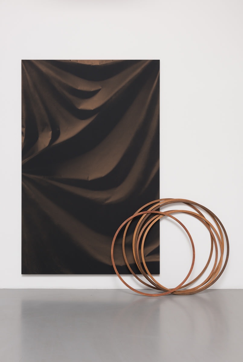 Ulla von Brandenburg Folds and Hoops2015 Chlorine on cotton canvas, six wooden hoops Canvas: 210.5 x 135.3 x 3.8 cm...