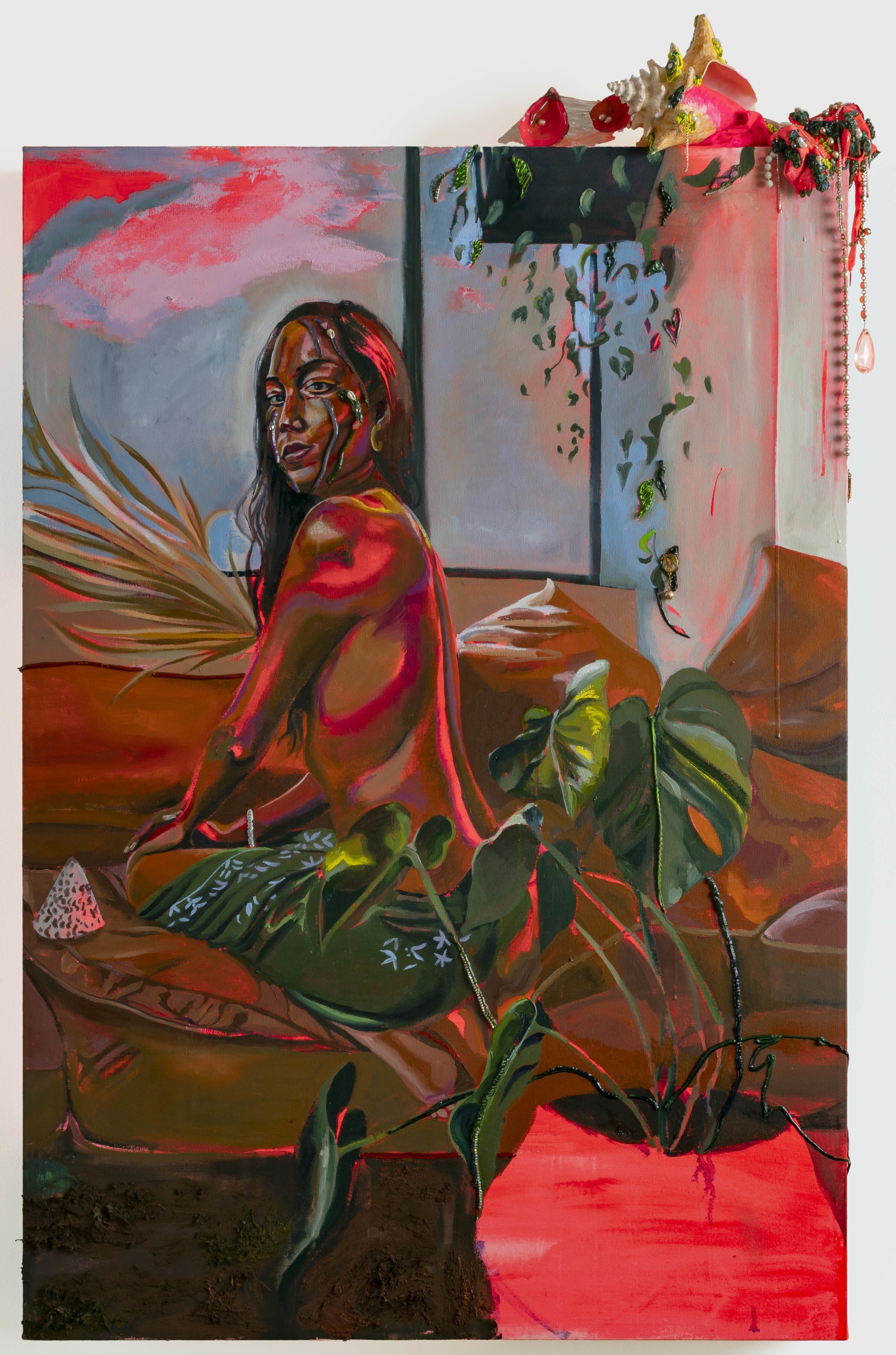 Gisela McDaniel Inagofli'e2021 Oil on canvas, found object, sound 101.6 x 152.4 x 22.9 cm 40 x 60 x 9...