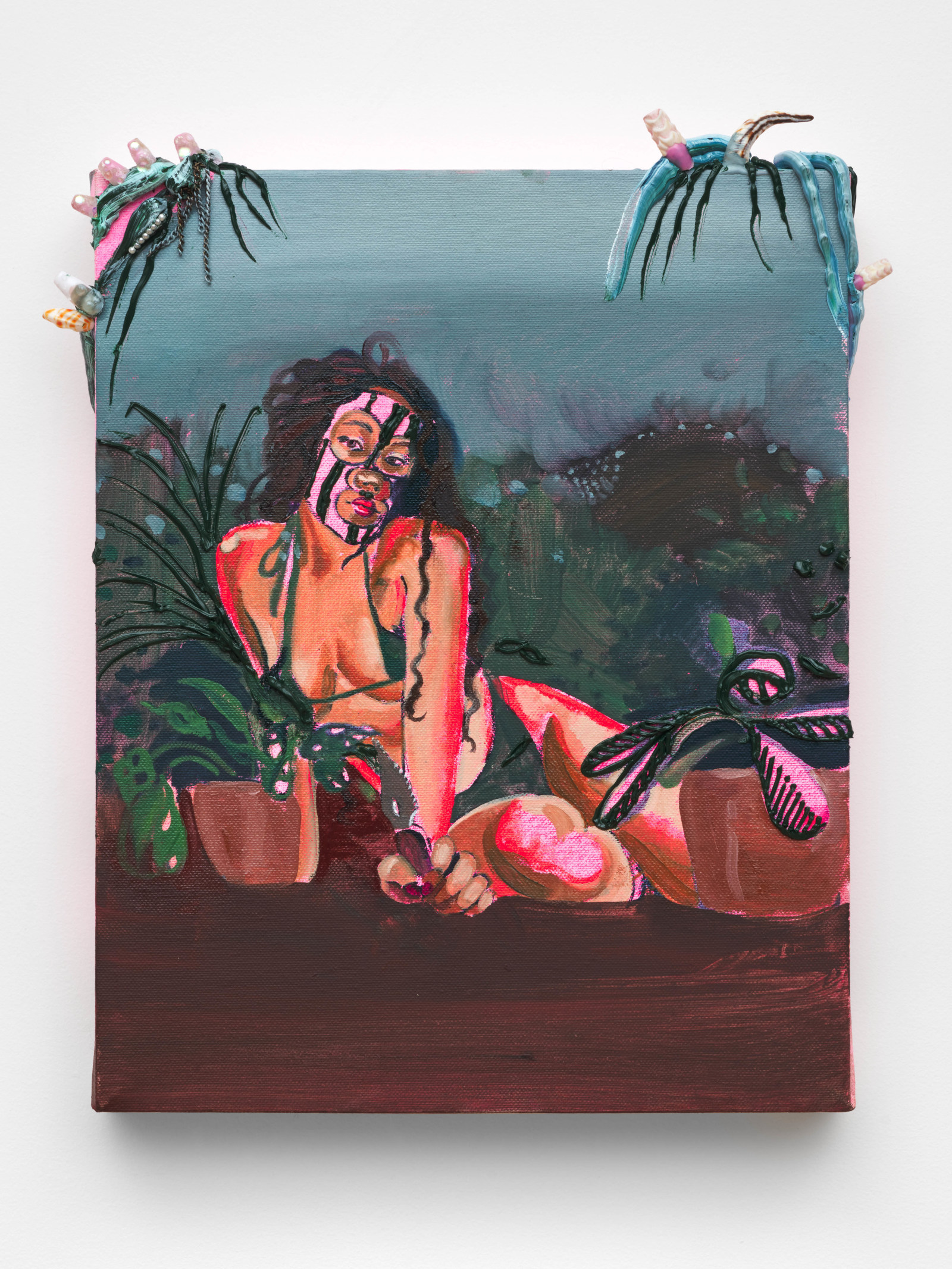 Gisela McDaniel Quiet2023 Oil on canvas, shell, gel x nail 40.6 x 30.5 x 7.6 cm 16 x 12 x...