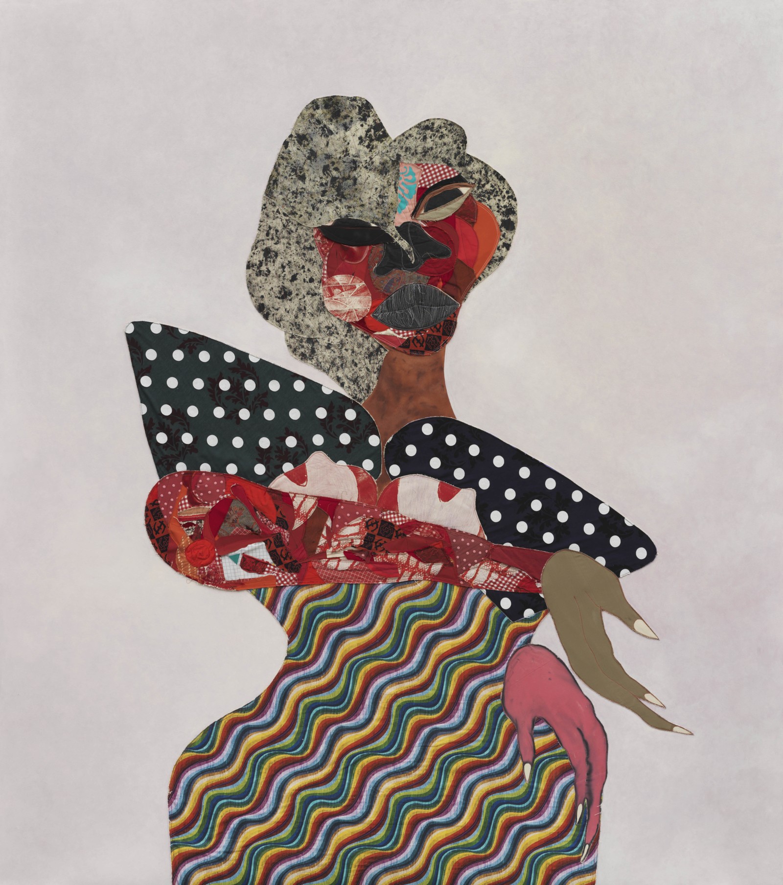 Tschabalala Self Madame2025 Acrylic paint, oil paint, thread, painted canvas on canvas 274.3 x 243.8 x 4.1 cm 108 x...