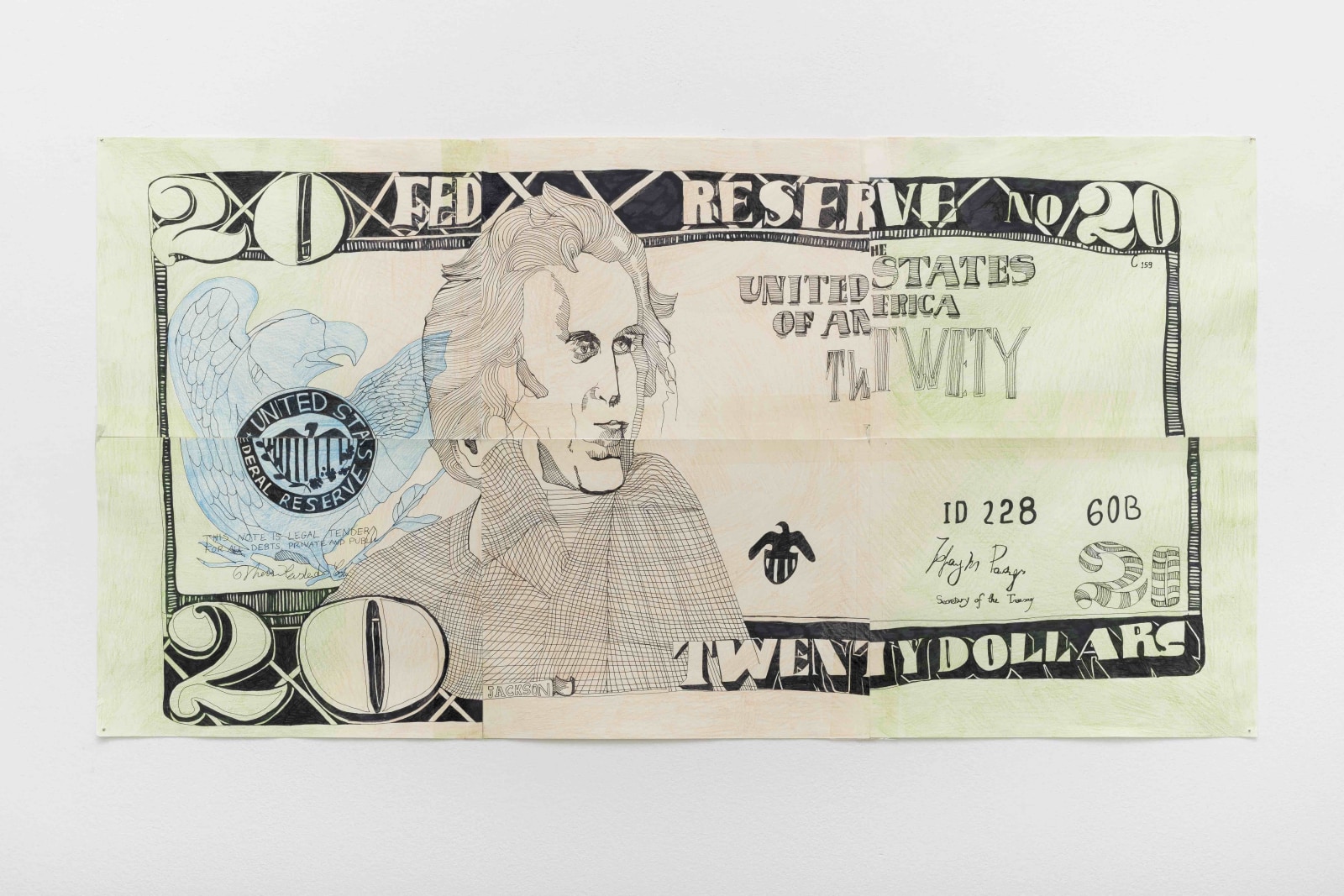 Keren Cytter Andrew Jackson (banknote)2017 Coloured pen and pencil on paper 83.8 x 43.2 cm 33 x 17 in