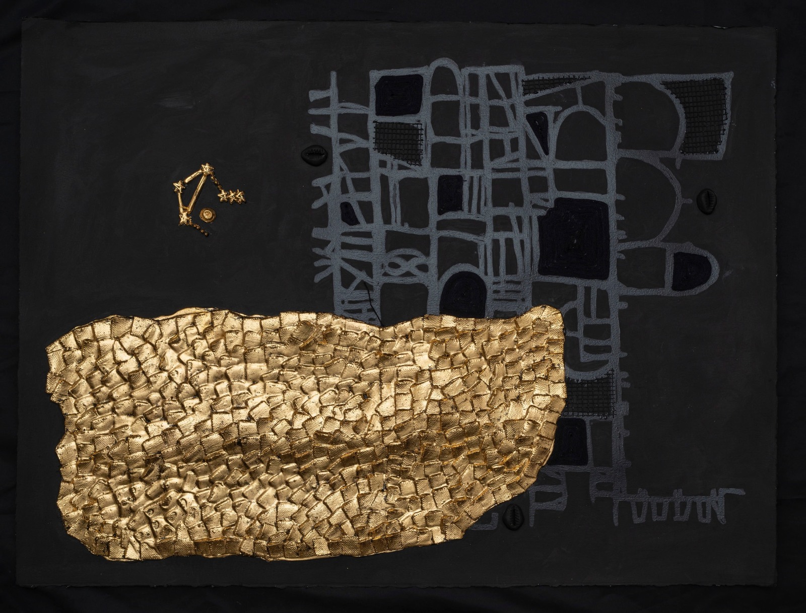 Lina Iris Viktor Metacosmia VII2025 24 carat gold, acrylic, gesso, silk, jute, painted bronze beads on paper Unframed: 56 x...