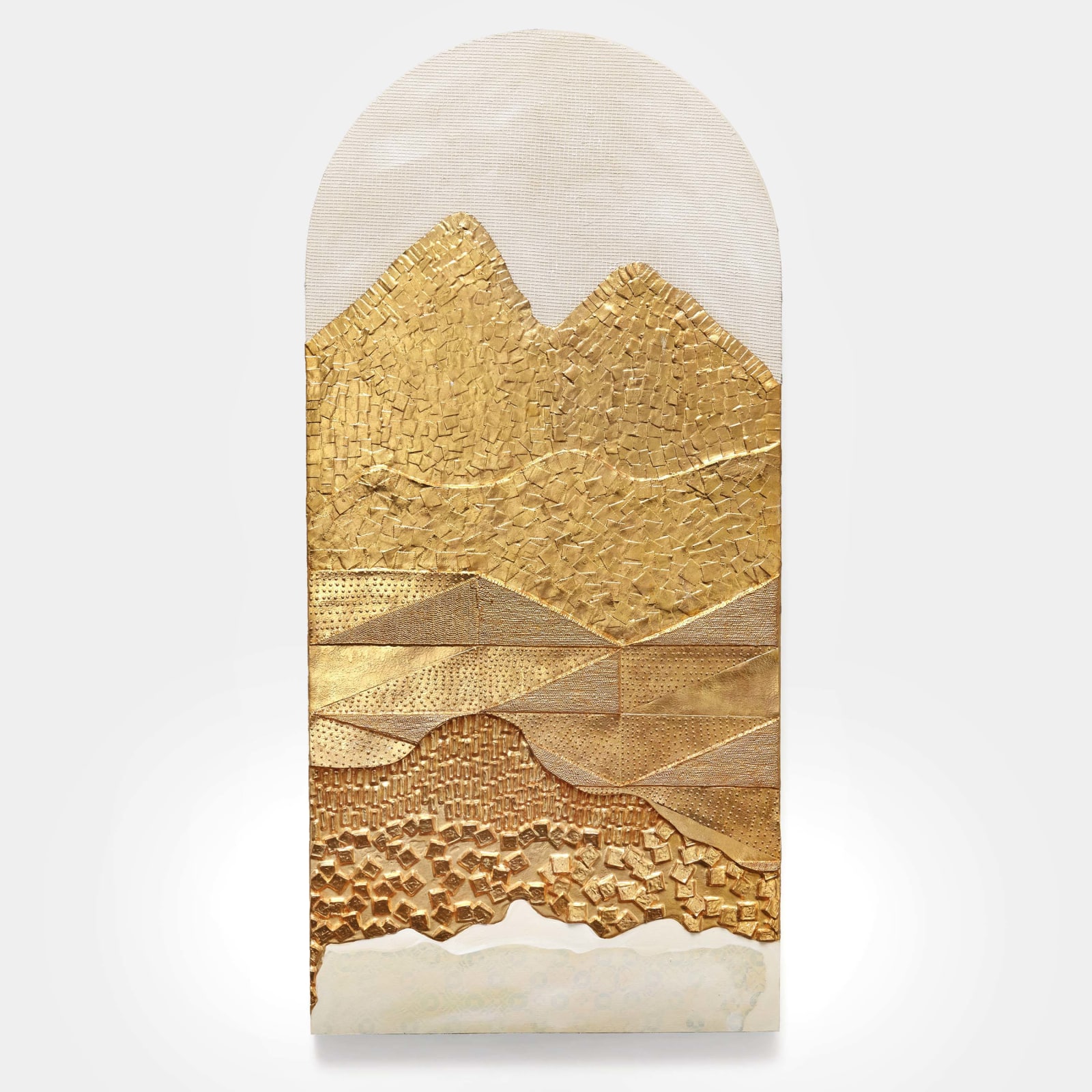 Lina Iris Viktor Bambouk2024 24 carat gold, acrylic, cut paper, linen, jute on wood panel 125 x 59.5 x 5...