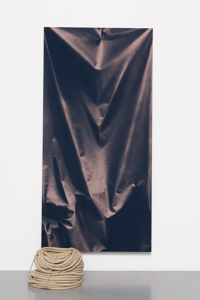 Ulla von Brandenburg Folds and Rope2015 Chlorine on cotton canvas, rope Canvas: 205 x 100.3 x 3.8 cm Object: 26.8...