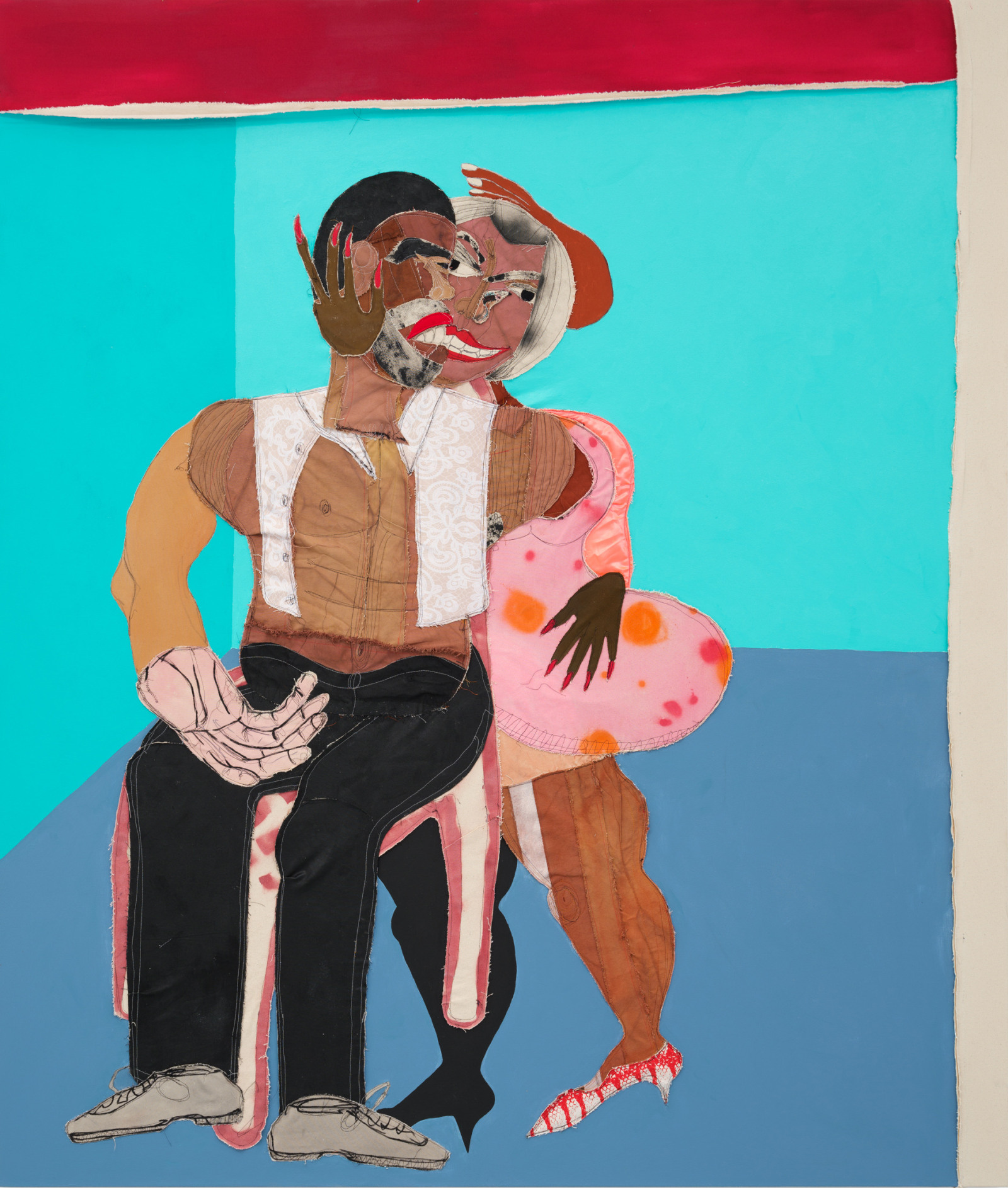 Tschabalala Self Madly2022 Silk, satin, fabric, acrylic, flashe, spray paint, thread, painted canvas and dyed canvas on canvas. 213.4 x...