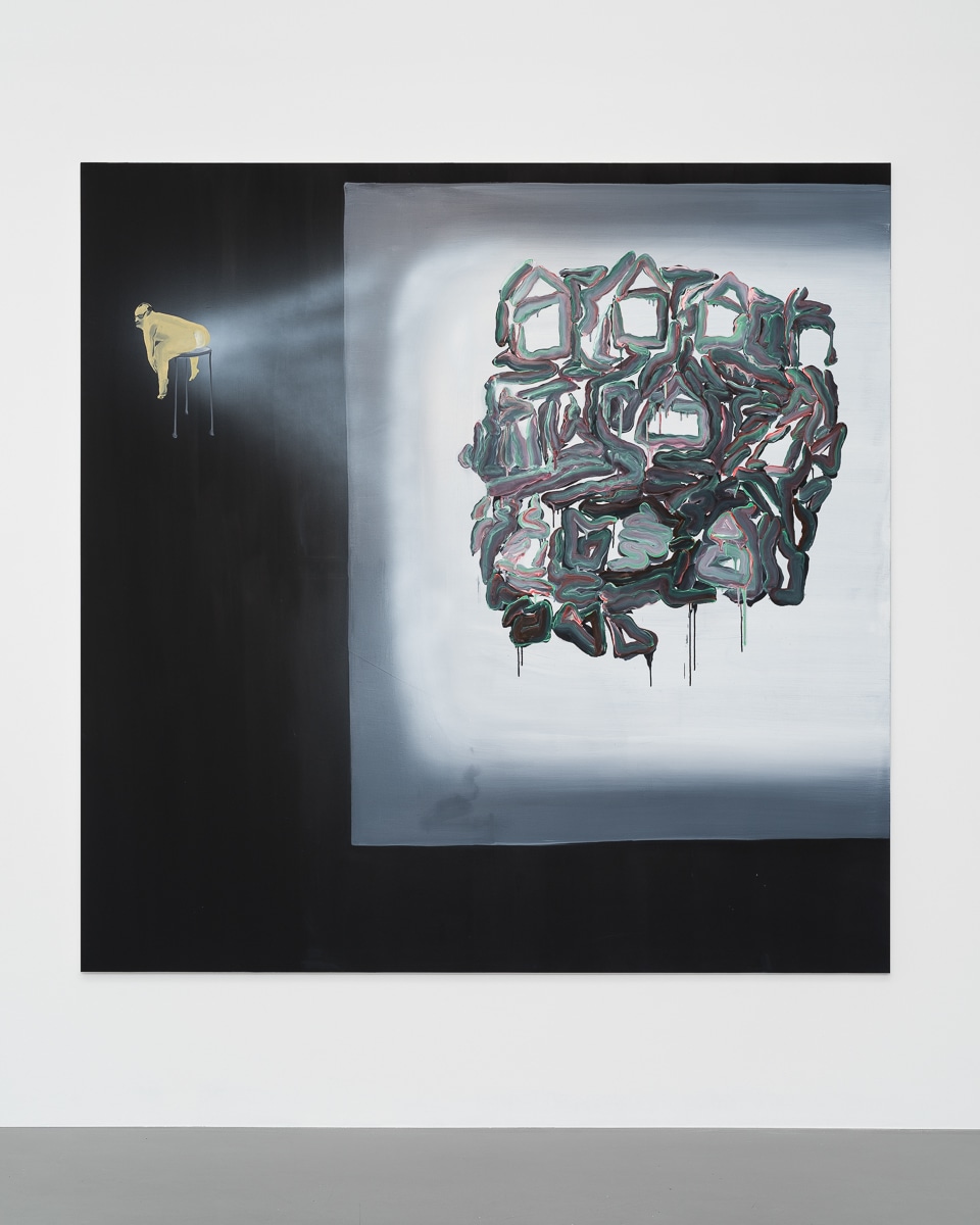 Tala Madani Rear projection (Village)2016 Oil on linen 203 x 203 cm 80 x 80 in