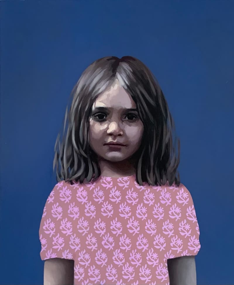 Claerwen James Girl in purple dress, face in dappled light, 2023