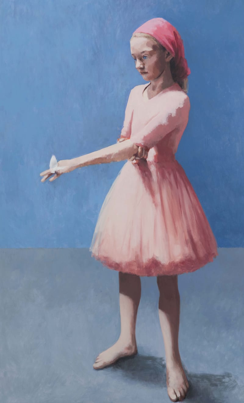 Claerwen James Girl With a Butterfly, Pink Against Blue, 2018