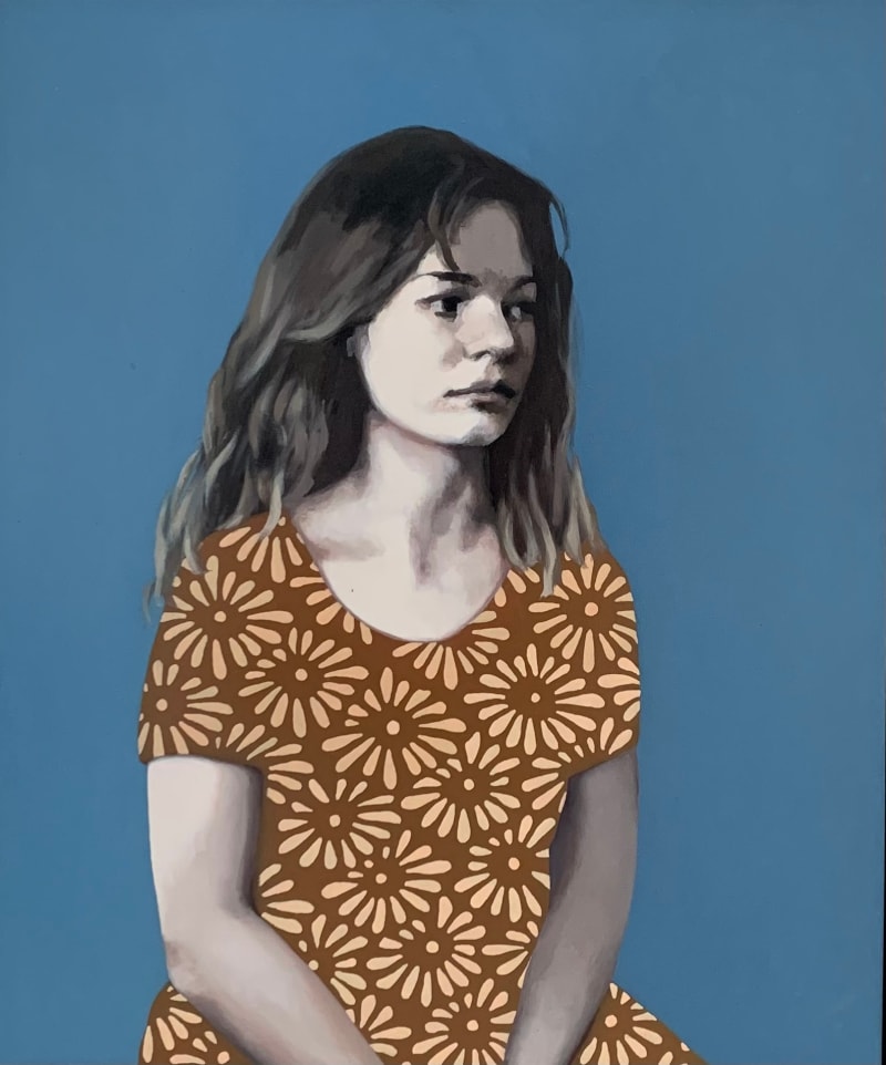 Claerwen James Hester with blue background in a brown dress, 2008-2023