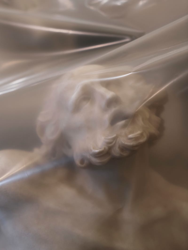 Simon Roberts Shrouded Sculpture #5 (Vulcan chained to a rock by Claude David), 2021