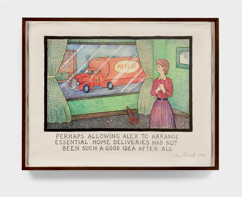 Glen Baxter, Perhaps Allowing Alex to Arrange Essential Home Deliveries Had Not Been Such a Good Idea After All, 2020