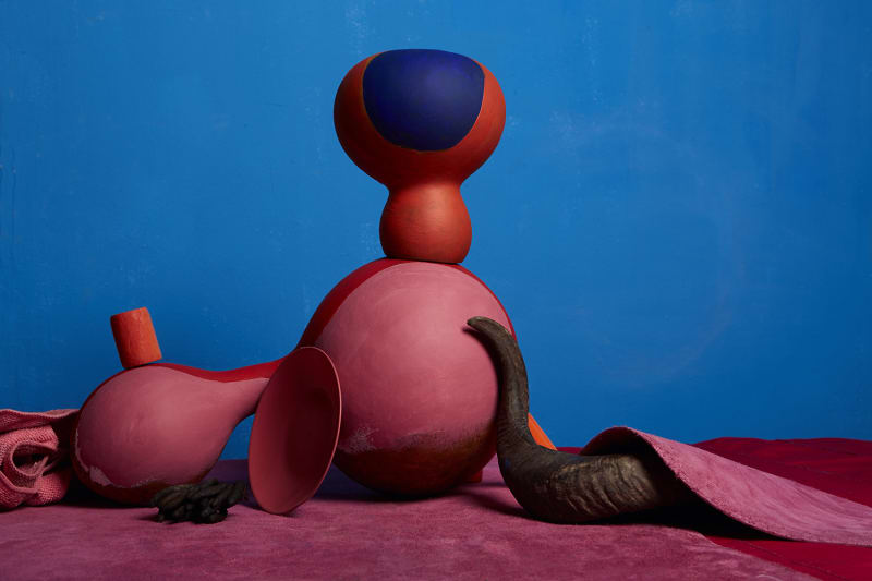 Lorenzo Vitturi, Painted Agbe, Italian Leather, Coral Beads and Horn, 2017