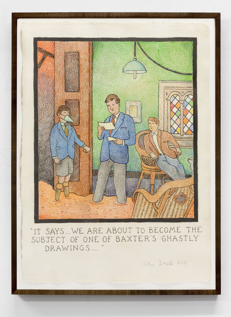 Glen Baxter, "It Says... We Are About to Become the Subjects of One of Baxter's Ghastly Drawings...", 2021