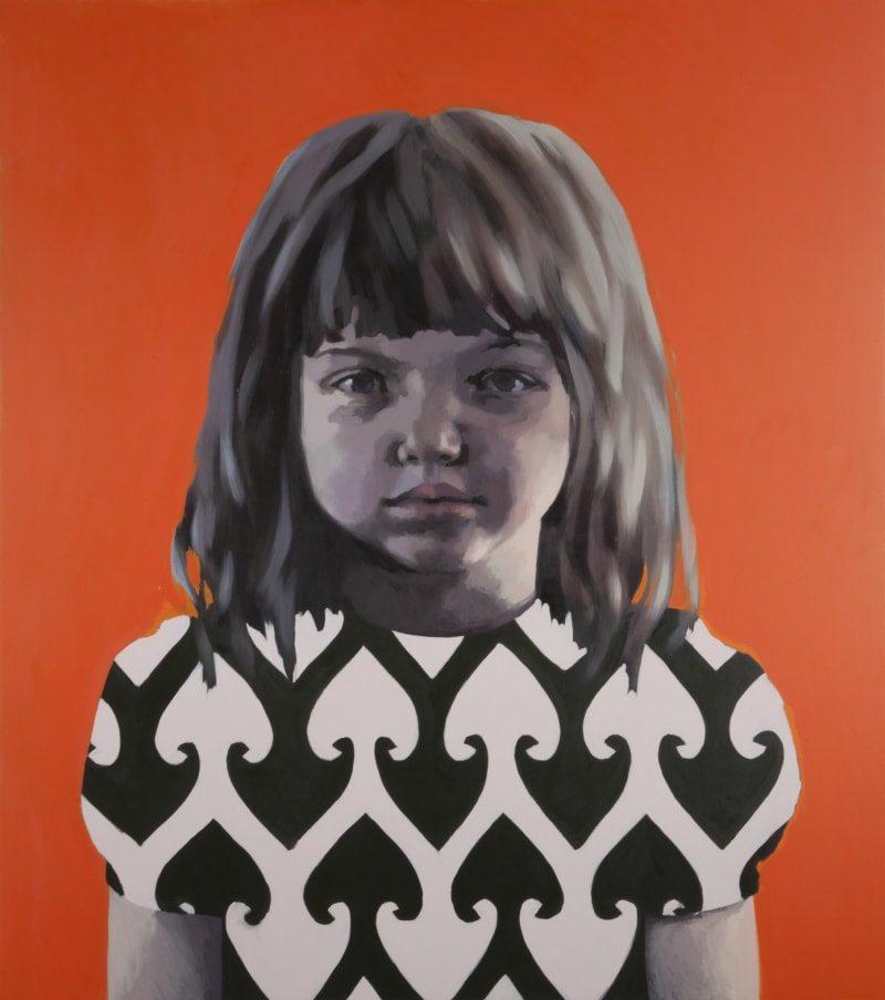 Claerwen James Girl in a blue and back dress against orange, 2008-2023