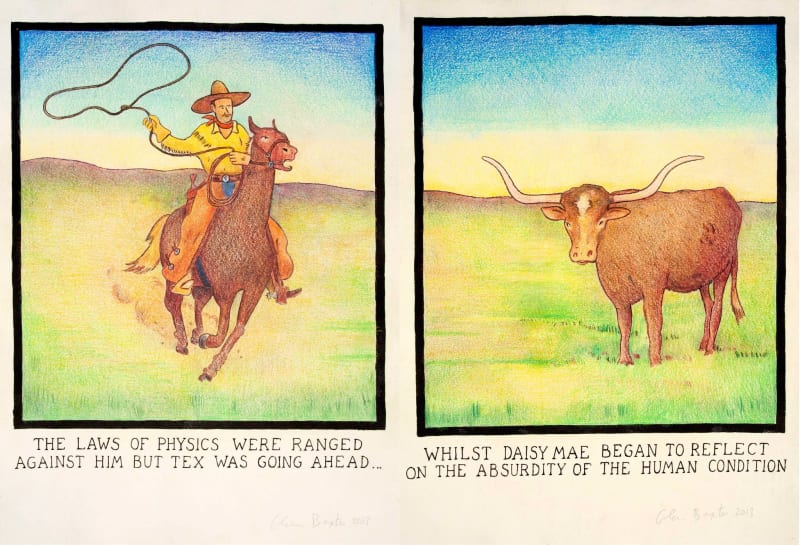 Glen Baxter, The laws of physics were ranged against him but Tex was going ahead…Whilst Daisy Mae began to reflect...