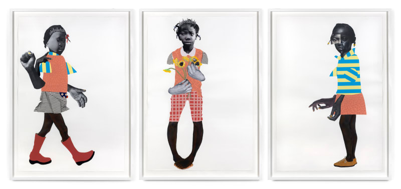 Deborah Roberts Either by the hawk or by the dove; I am the seed and the bloom; Sewed together, 2018