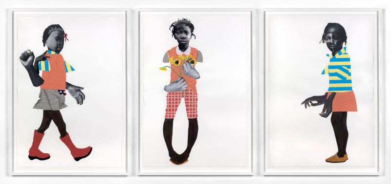 Deborah Roberts, Either by the hawk or by the dove; I am the seed and the bloom; Sewed together, 2018