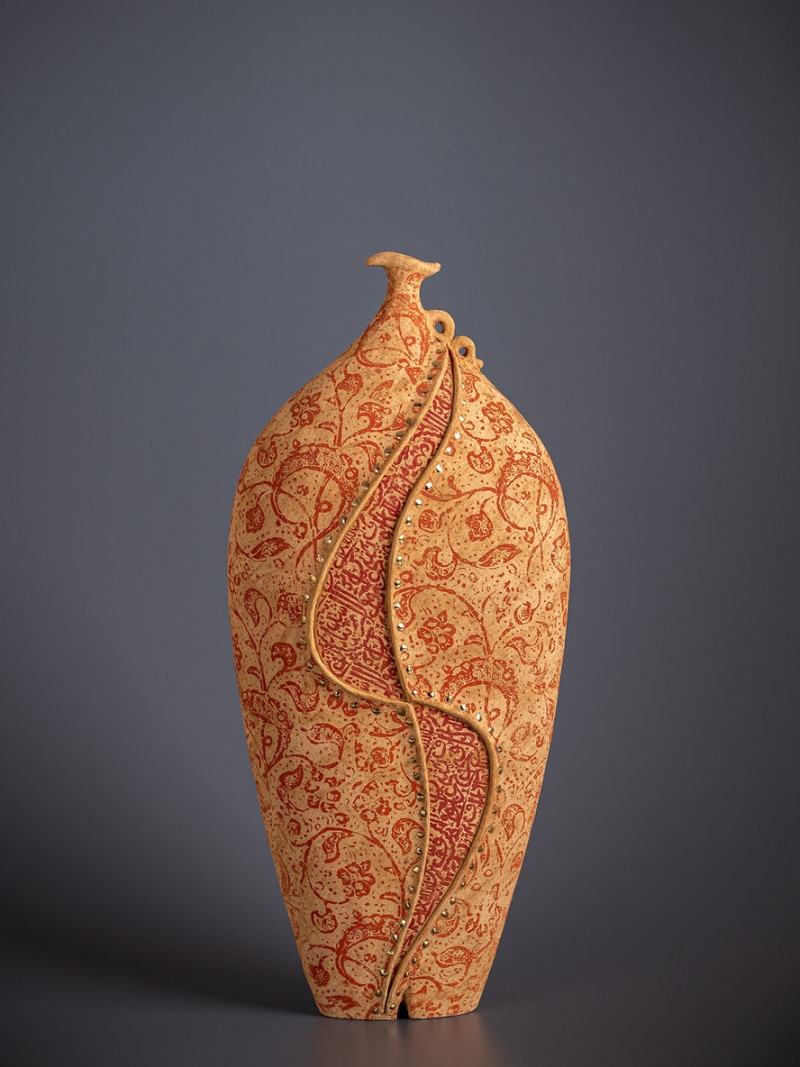 <em>Kulmus III</em>, 2022, hand-built, glazed and stencilled earthenware, 50 x 22 x 14 cm