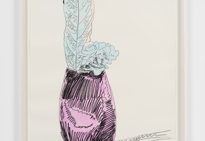 Sketch of pink vase with blue flowers