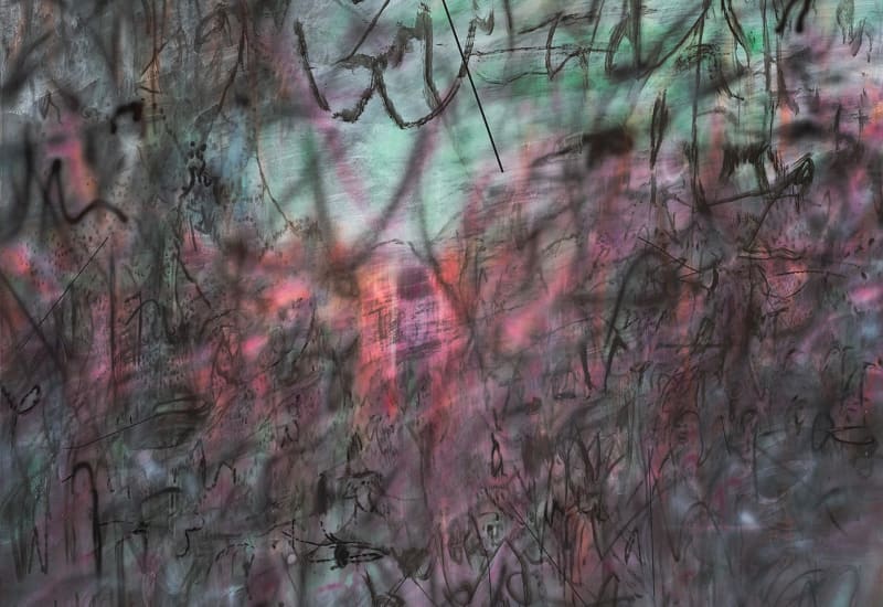 An abstract painting in greens and purples features graffiti-like brush strokes and spray paint textures. 