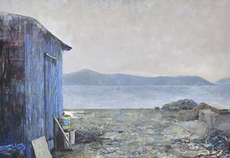 A painting of a blue shed next to a body of water. 