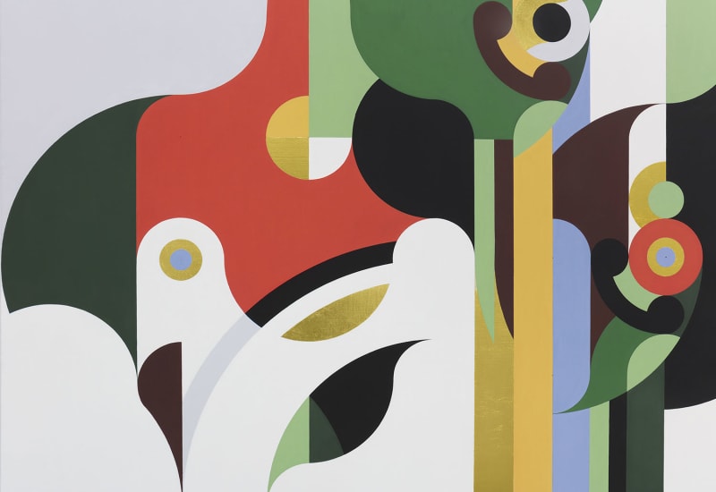 Multicolored flat painting containing geometric amorphous shapes intertwining.