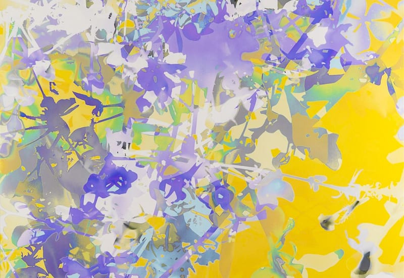 An abstract painting features flower-like compositions in yellow and purple. 