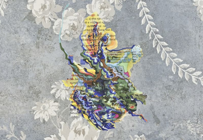 Baroque wallpaper with colorful text collage