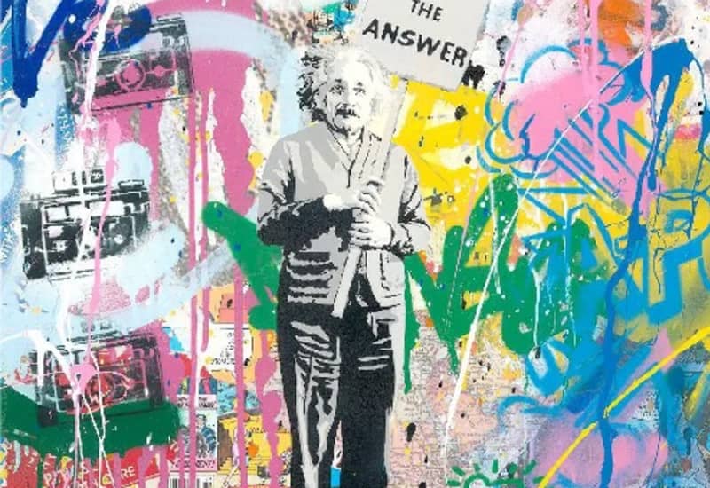 By one of the most commonly referenced street artists like Banksy, this Mr.Brainwash art print, ‘Einstein,’ 2020, shows Einstein holding a sign reading ‘Love is the Answer’