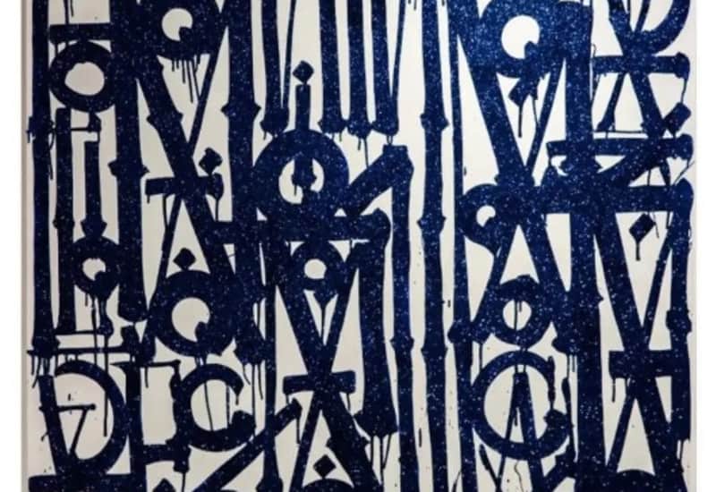 Pattern artist RETNA uses his signature calligraphy in black and white to create this artwork, Los Ne El Barrio